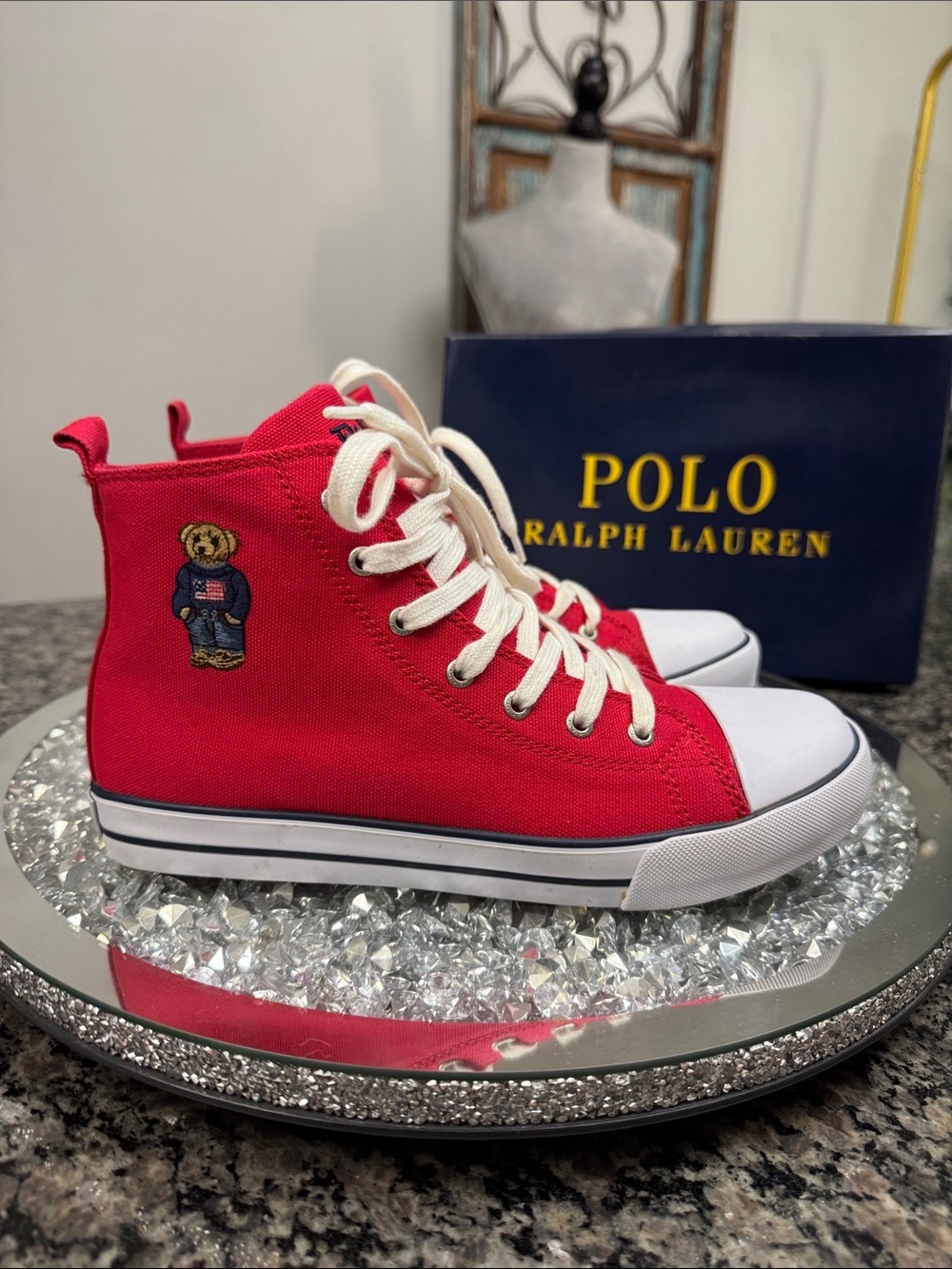 Polo by Ralph Lauren Kids Red High-Top Canvas Sneakers with Bear Patch like new